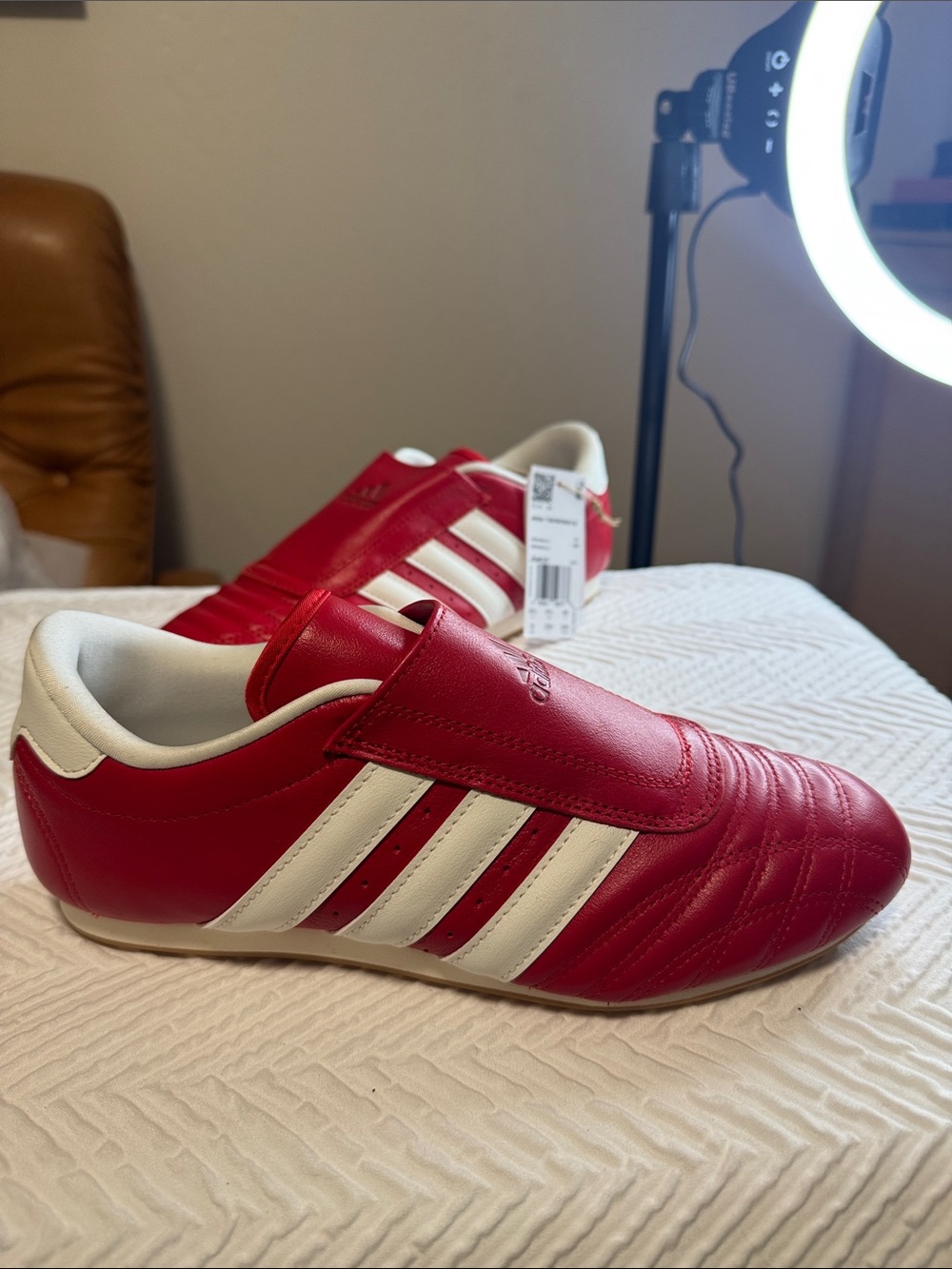 adidas Red and White Velcro Three-Stripe Sneakers